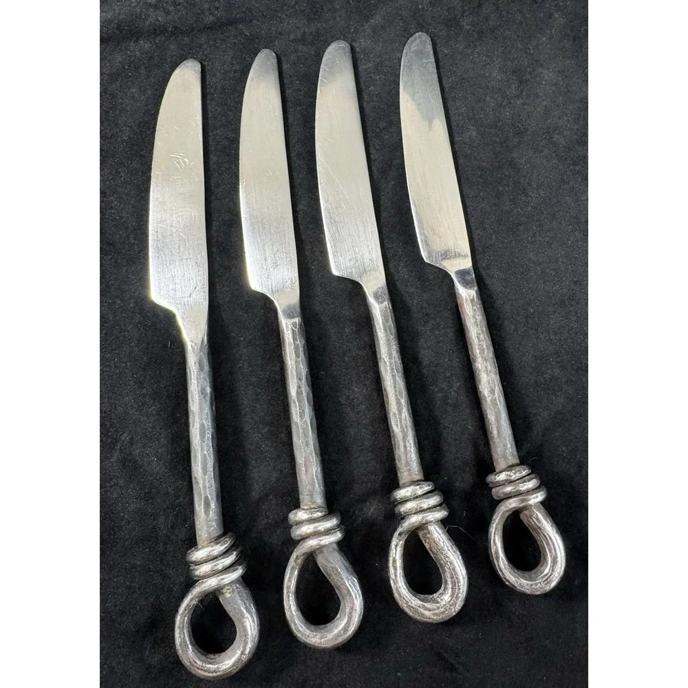 Rustic Hand Forged Black Loop Twist Dinner Knives Set 4 Blacksmith Hammered 9